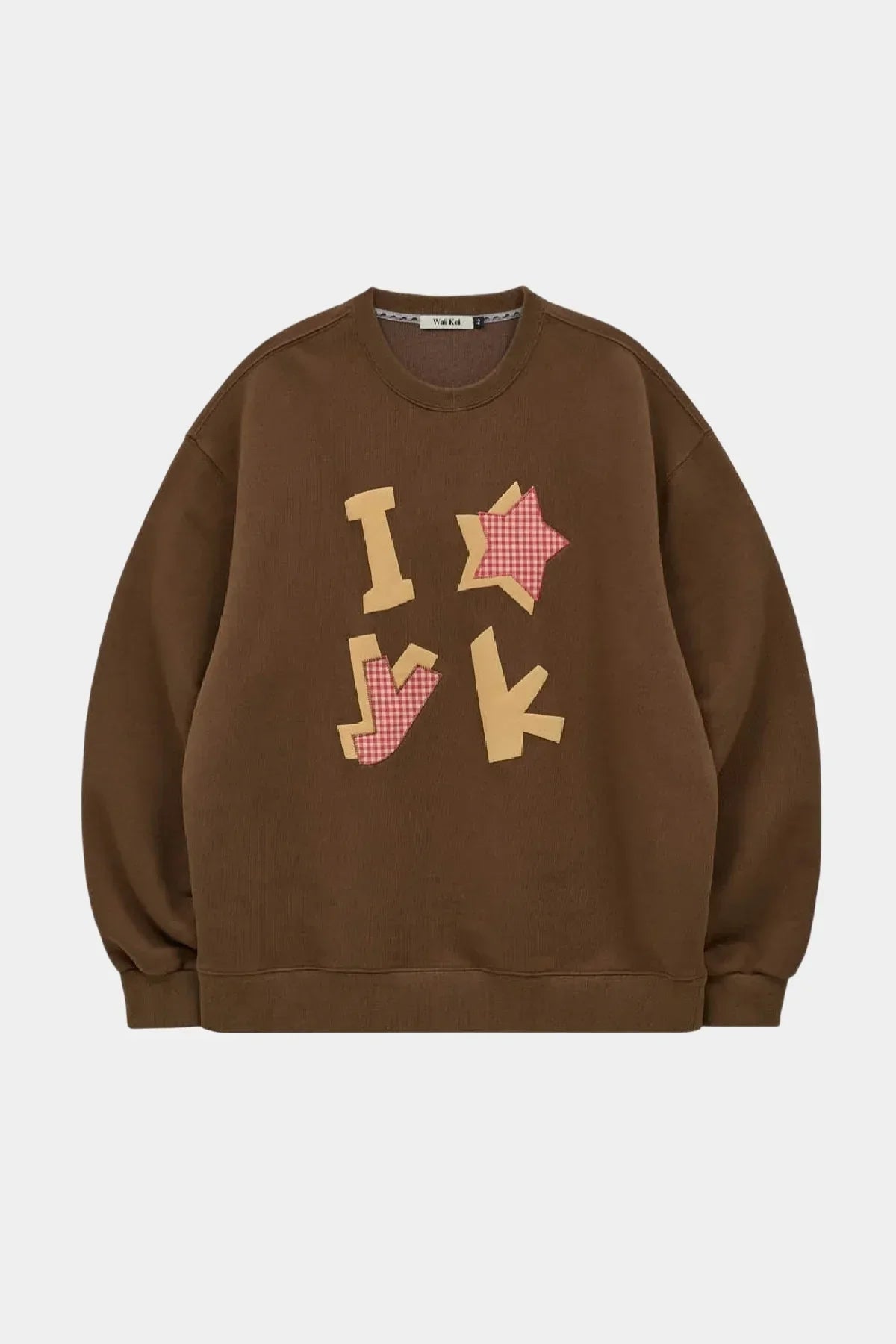 Brown Korean fashion sweatshirt with beige and red check applique letters and star, Malkn UK
