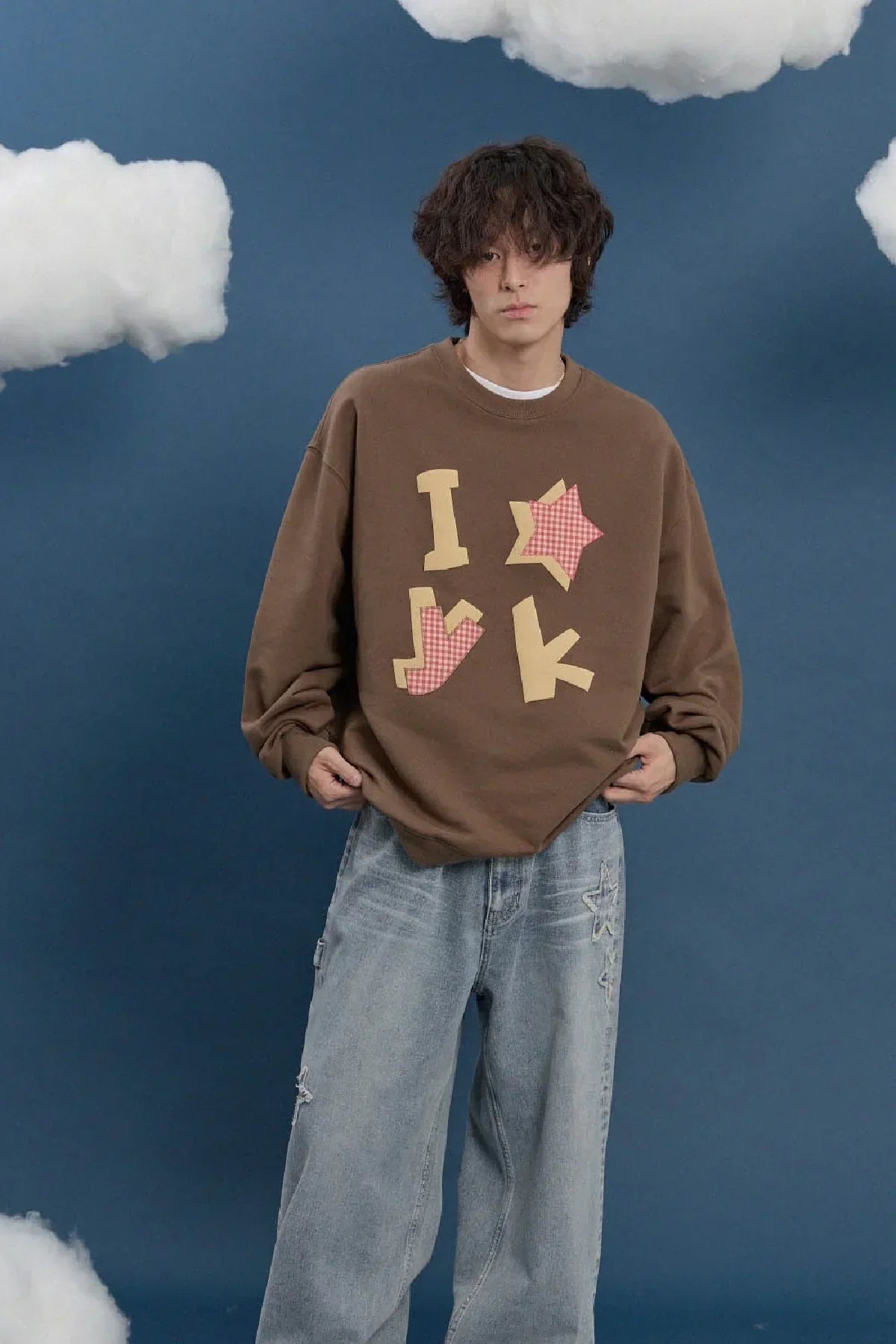 Model wearing brown check applique sweatshirt and jeans, Korean fashion, Malkn lifestyle