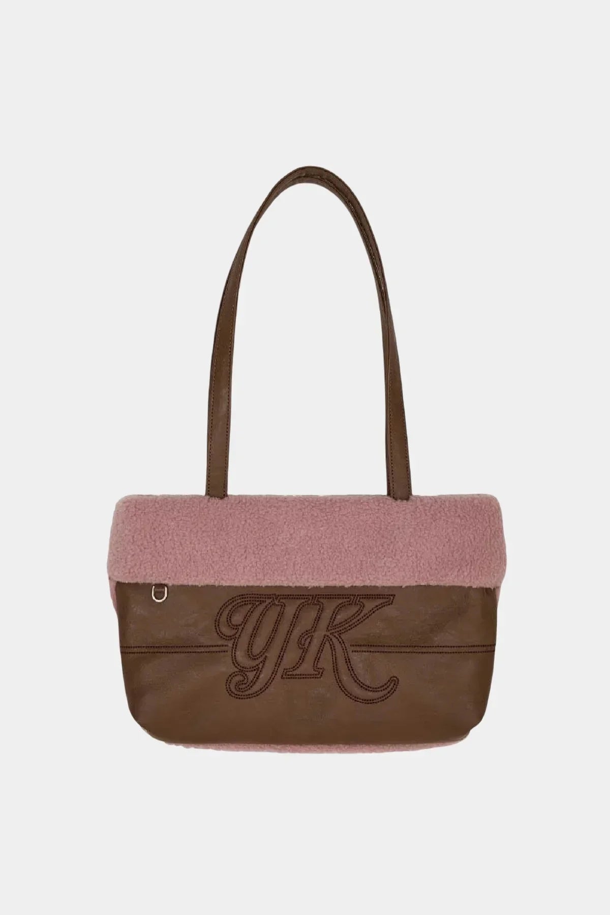 Brown and pink YK Mustang shoulder bag with leather and shearling texture