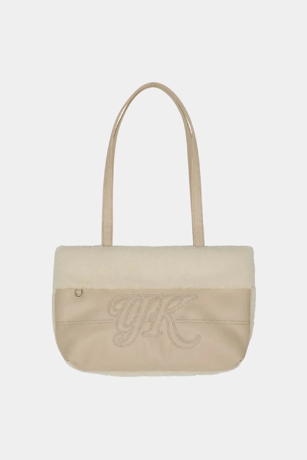 Ivory shoulder bag with faux shearling and stitched YK logo detail