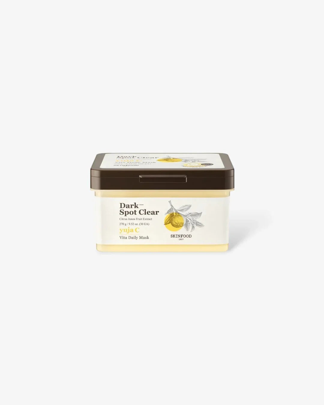 Skinfood Dark-Spot Clear Yuja C Vita Daily Mask container with citrus fruit illustration