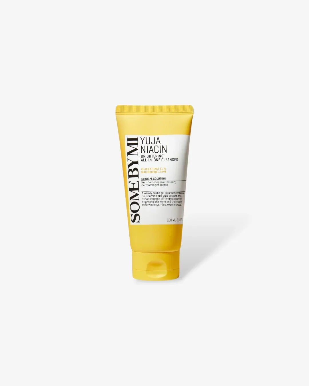 Yellow tube of SOME BY MI Yuja Niacin Brightening All-In-One Cleanser 100ml with white label