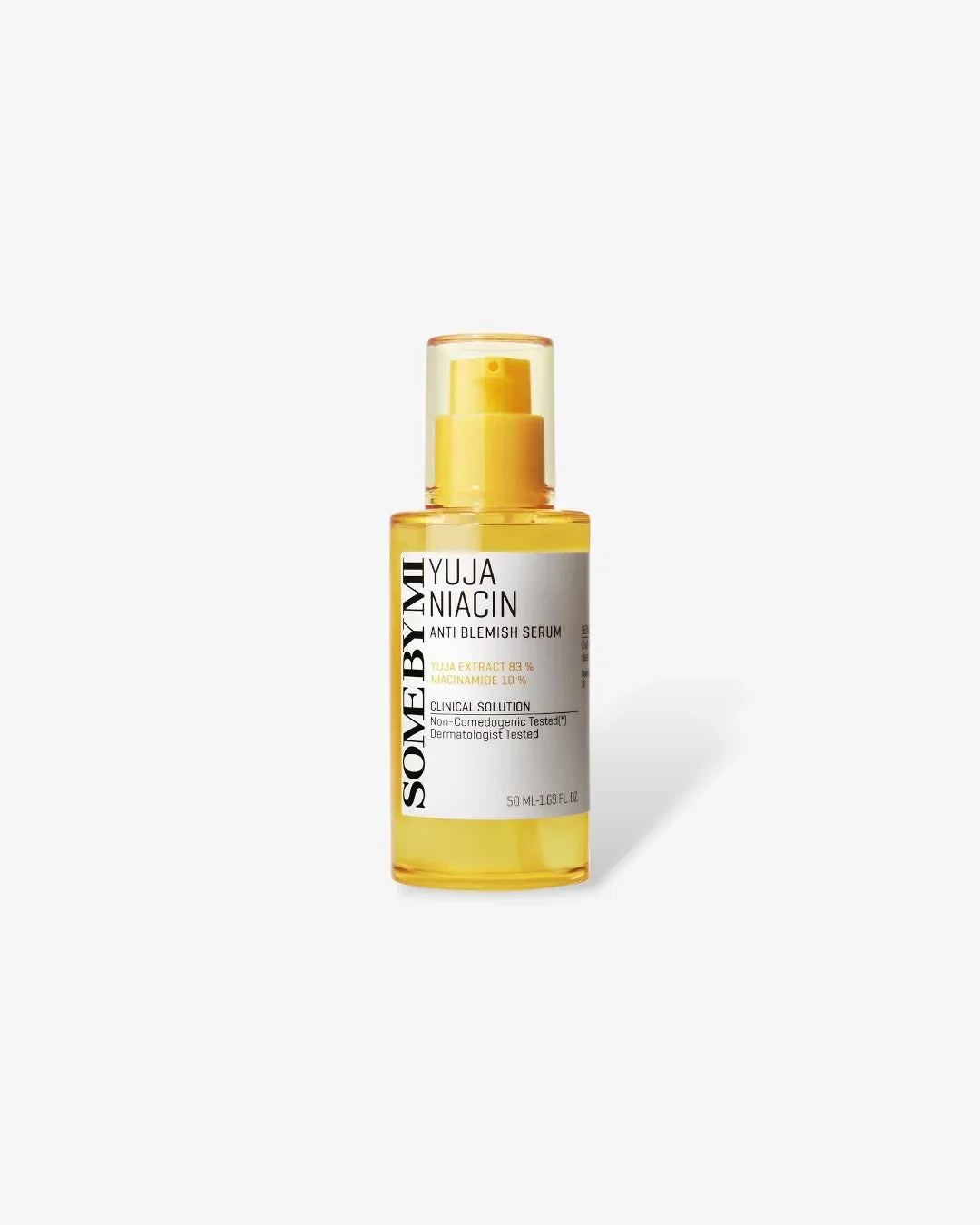 Some By Mi Yuja Niacin Anti Blemish Serum 50ml bottle with yellow pump on white background