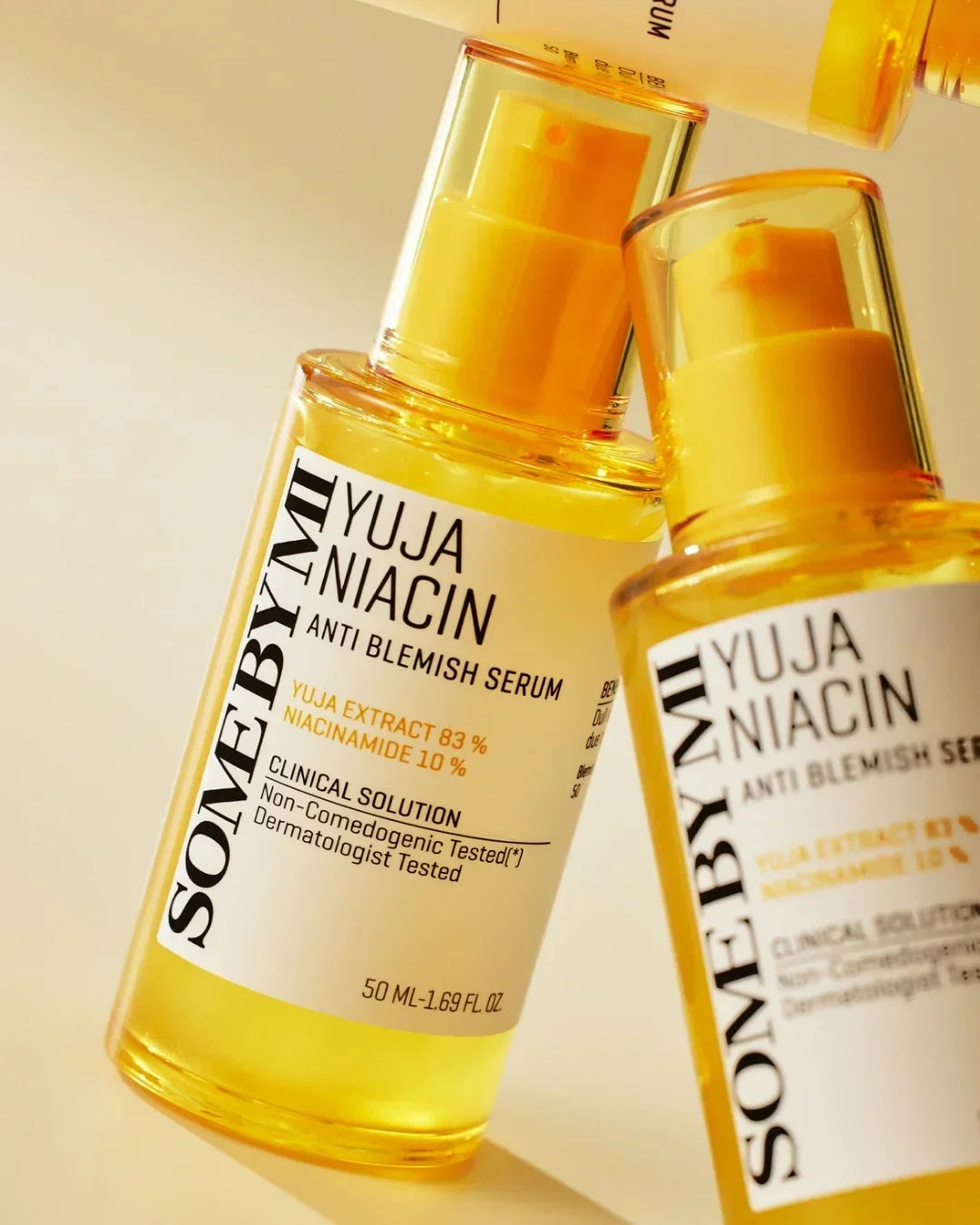Some By Mi Yuja Niacin Anti Blemish Serum 50ml bottles with yellow pump and clear packaging