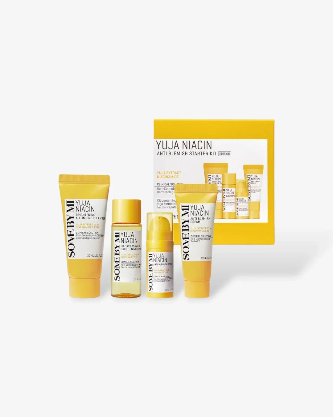 Some By Mi Yuja Niacin Anti Blemish Starter Kit with brightening cleanser, toner, serum, and cream