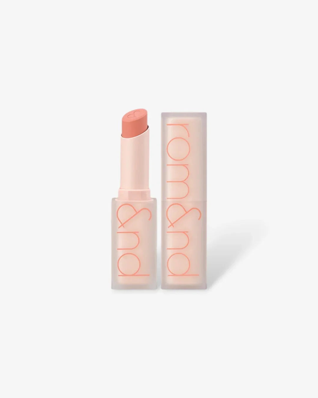 Rom&nd matte lipstick in nude peach shade with frosted semi-transparent packaging