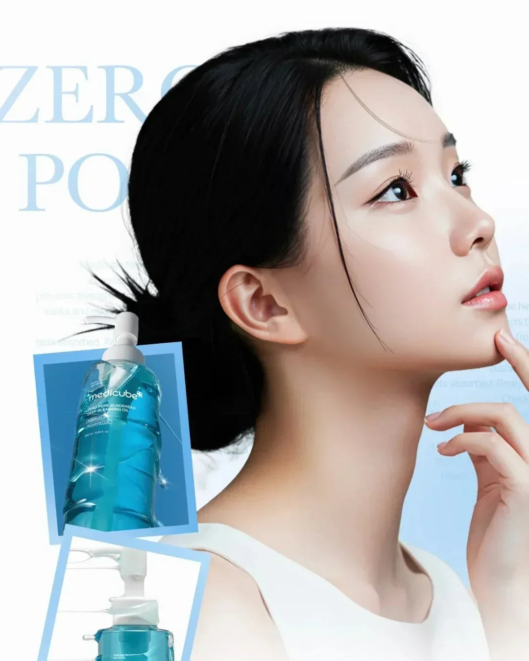 Korean beauty model with Mediacube Zero Pore Blackhead Deep Cleansing Oil bottle, Malkn UK