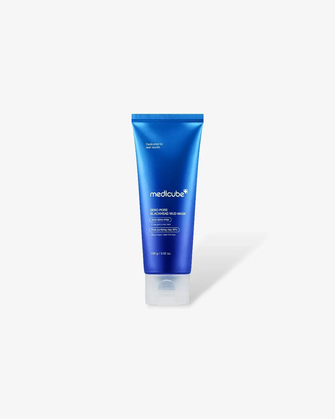 Blue tube of Medicube Zero Pore Blackhead Mud Mask with white text on a white background