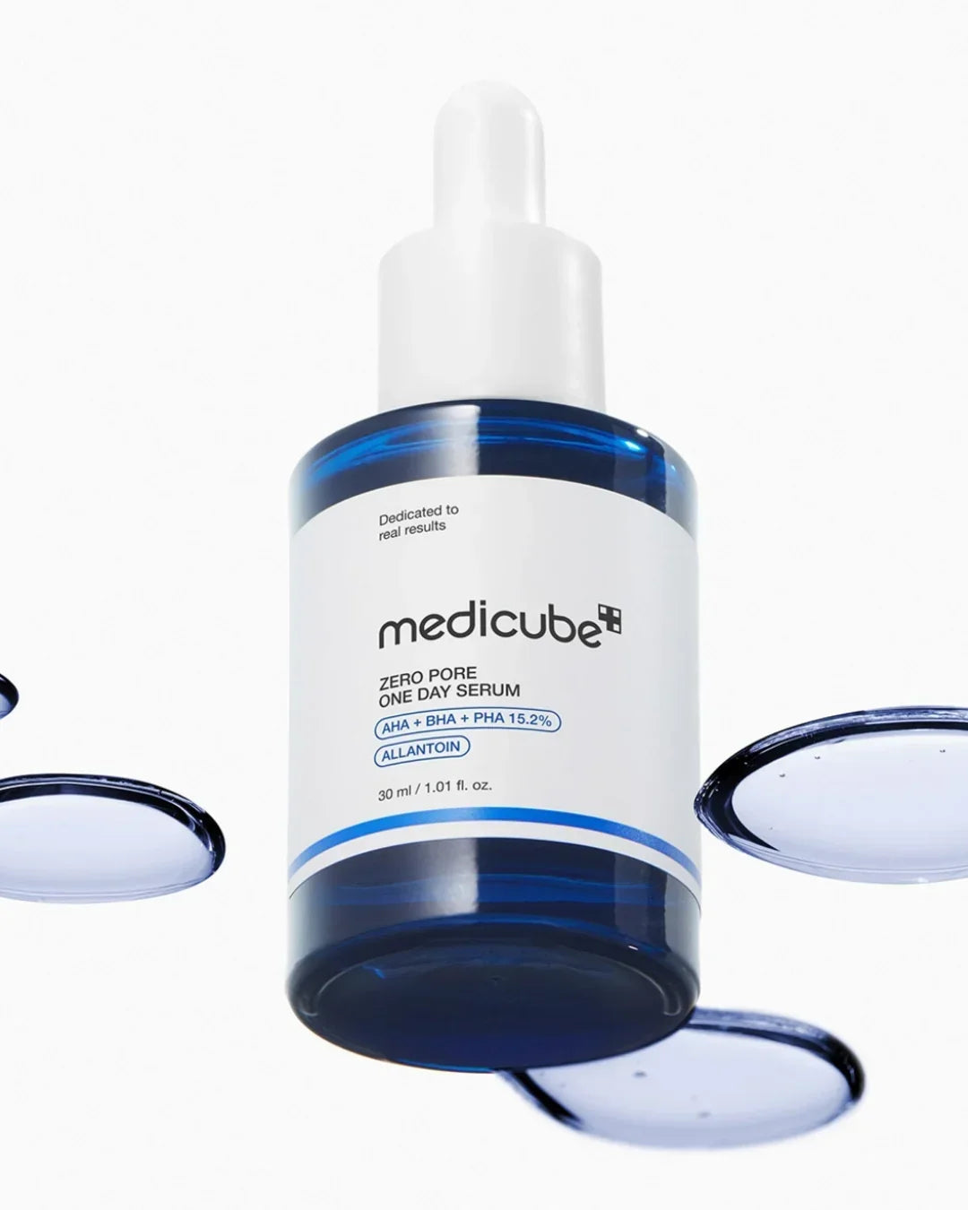 Medicube zero pore one day serum bottle with AHA, BHA, PHA acids on white background