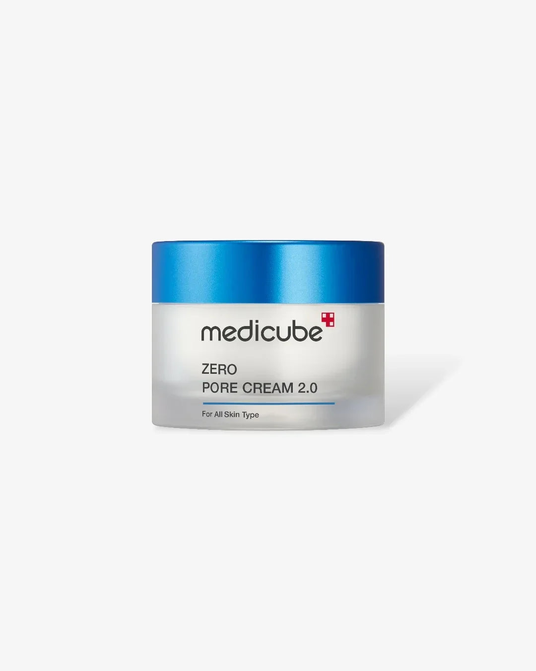 Medicutbe Zero Pore Cream 2.0 jar with blue lid on white background for all skin types