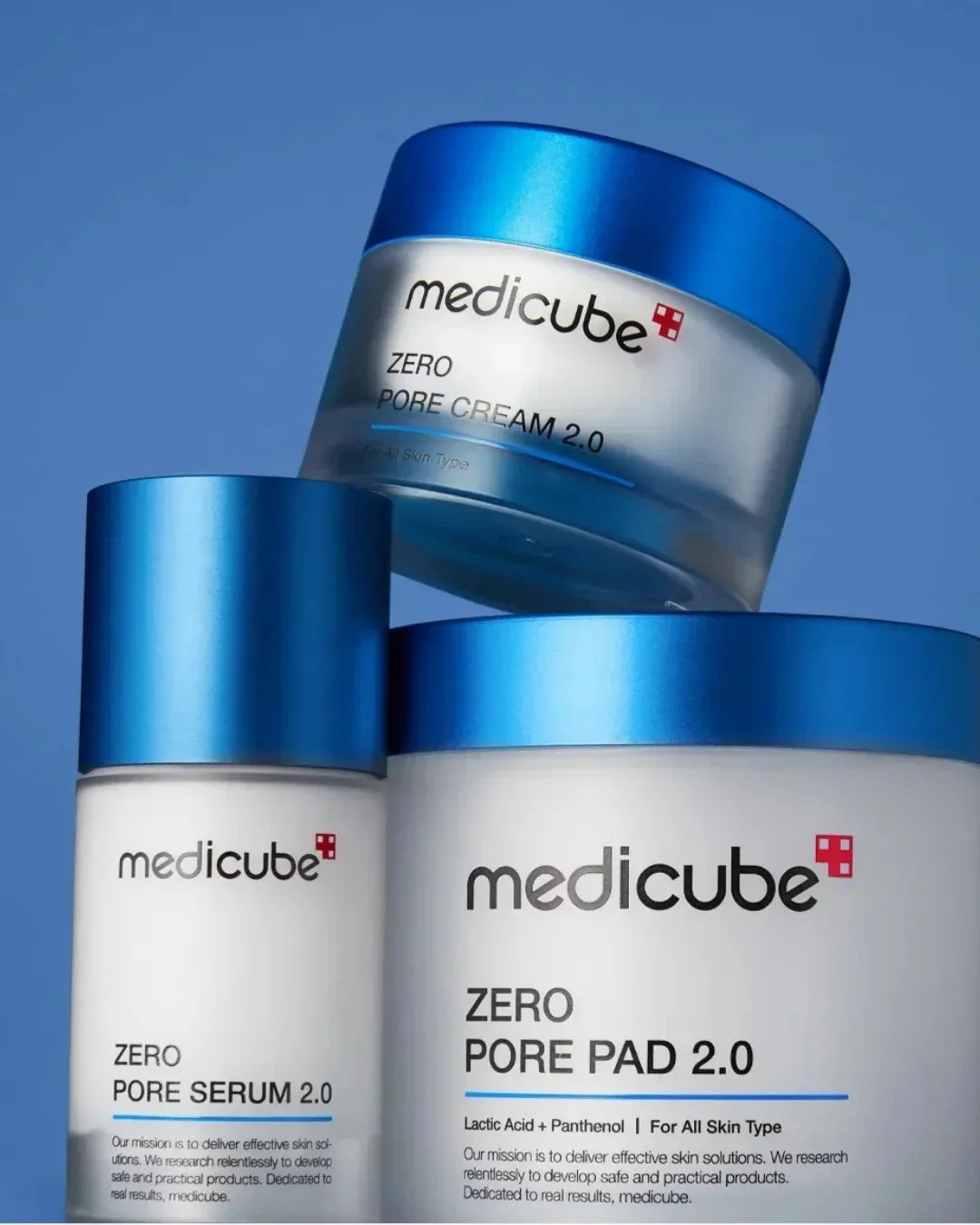 Medicube Zero Pore skincare set including Serum 2.0, Cream 2.0, and Pad 2.0 with blue caps