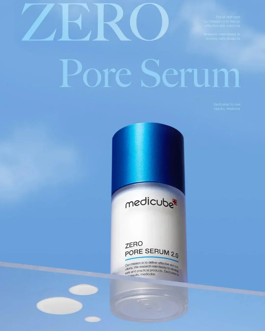 Medicube Zero Pore Serum 2.0 bottle with blue cap against blue sky background