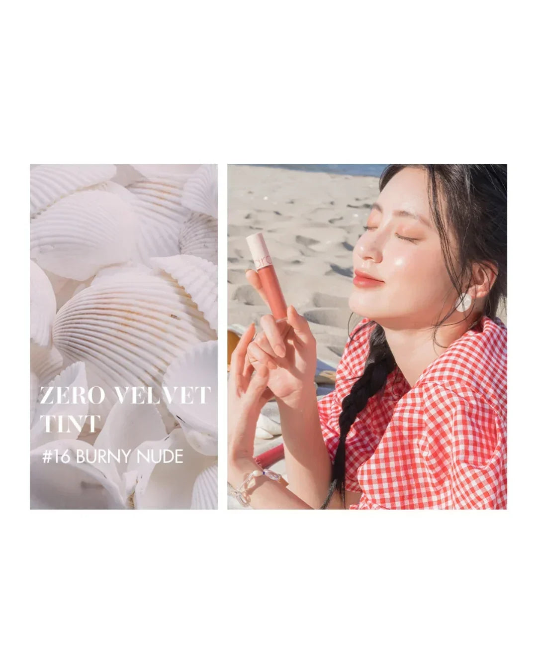 Woman in red checkered dress holding zero velvet tint lip product #16 Burny Nude on sandy beach with seashells background