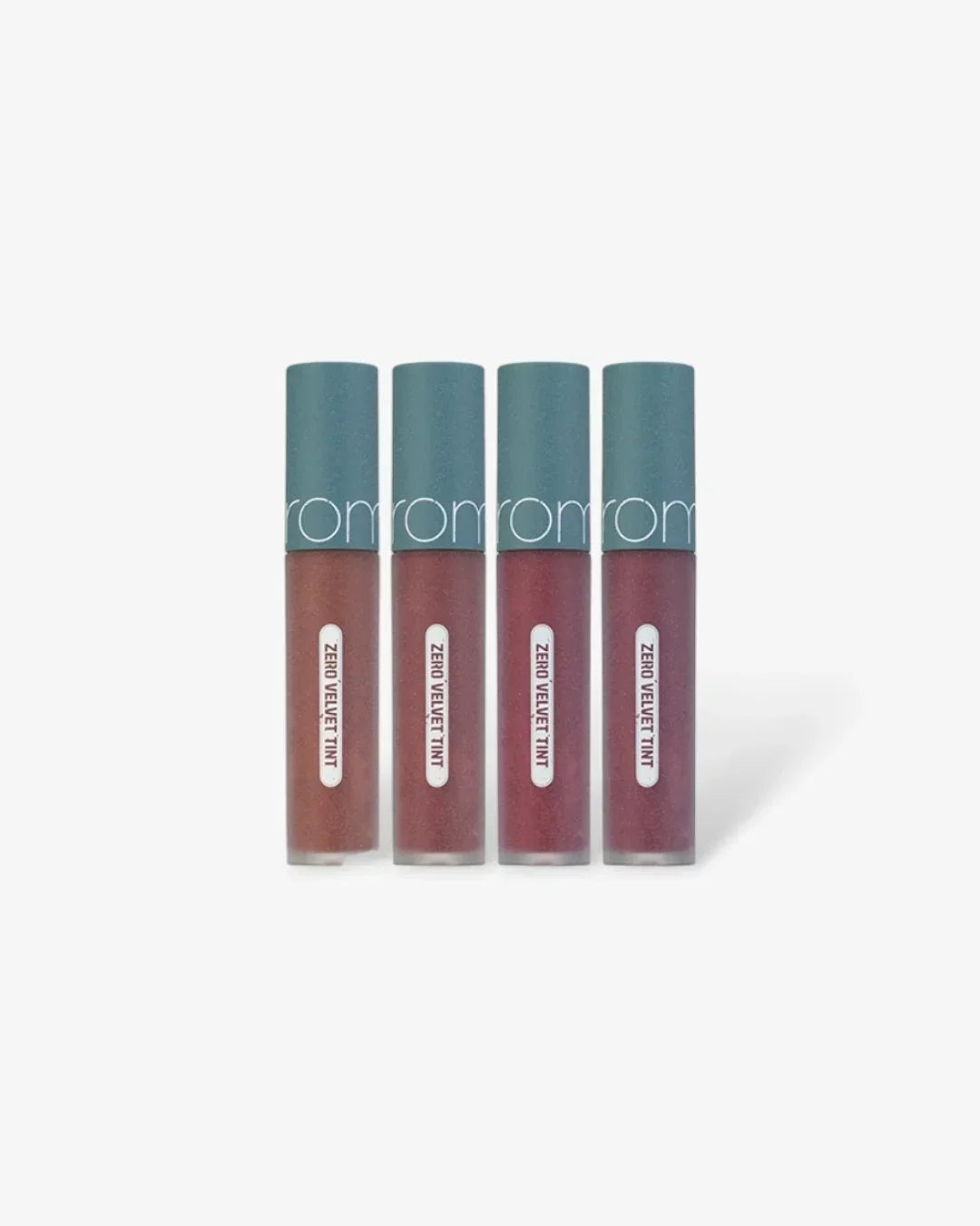 Four tubes of Rom&nd Zero Velvet Tint lip color in various muted red and brown shades