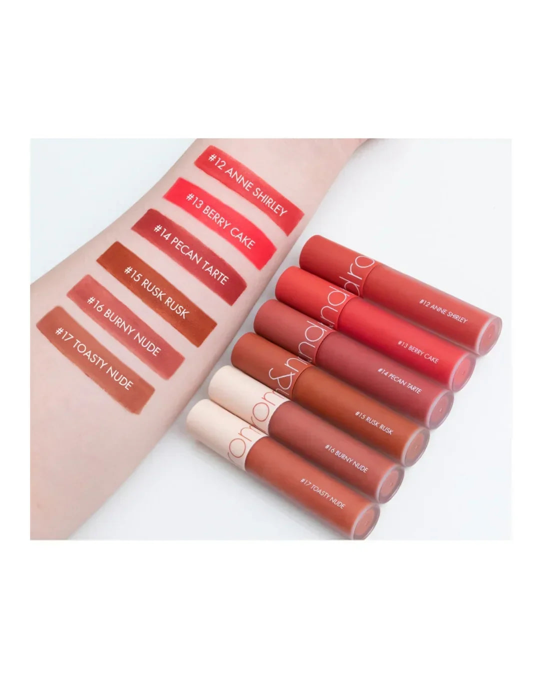 Arm swatches of six velvet tint shades with matching lip tint tubes labeled Anne Shirley to Toasty Nude